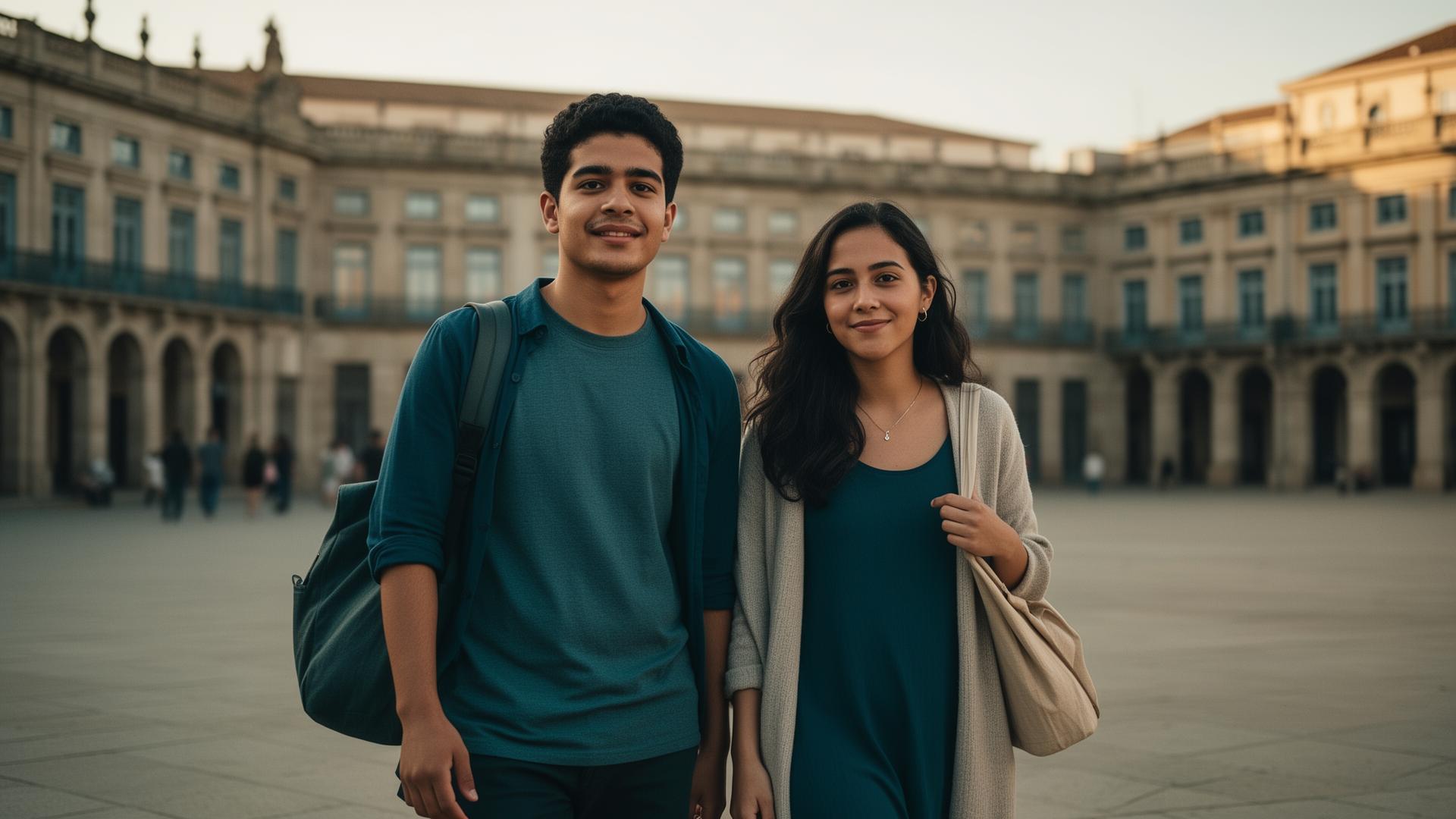 Casal latino caminhando em praça europeia